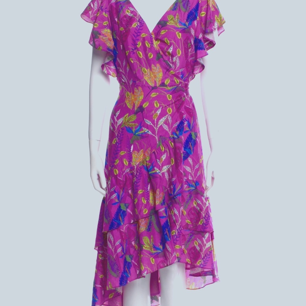 Tanya Taylor -Silk Midi Wrap Dress Ruffle Sleeves Sash Tie V-Neck size 8
